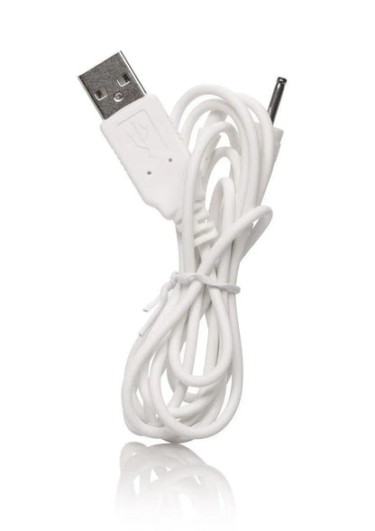 White USB to round pin cable charger with coiled cord on white background