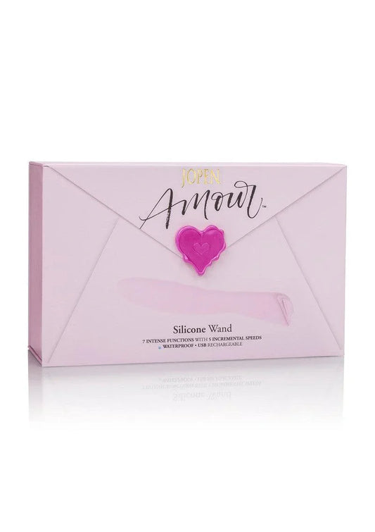Jopen Amour pink silicone wand vibrator packaging shaped like an envelope with heart seal