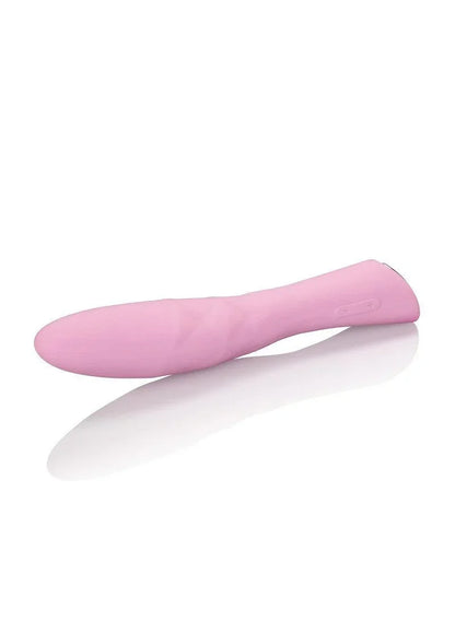 Pink silicone wand vibrator with ergonomic handle and plus-minus control buttons on white background