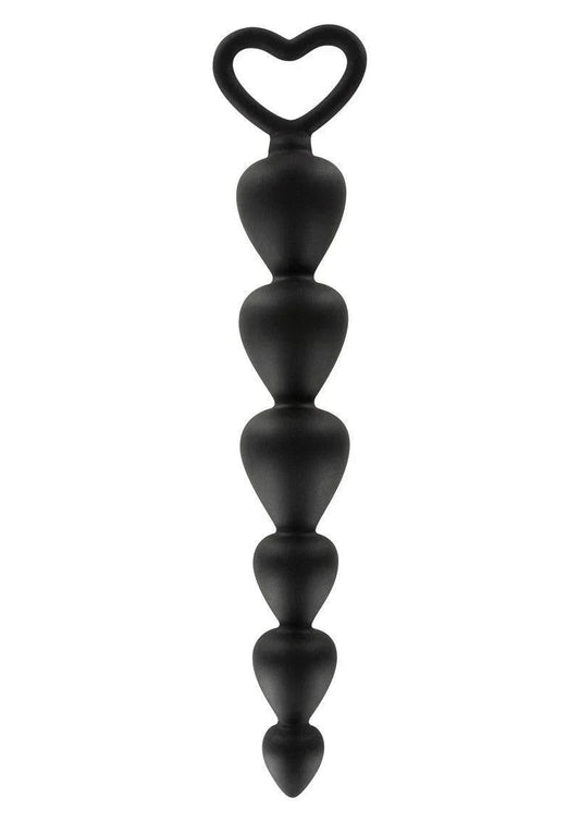 Black silicone anal beads with graduated heart-shaped segments and heart loop handle