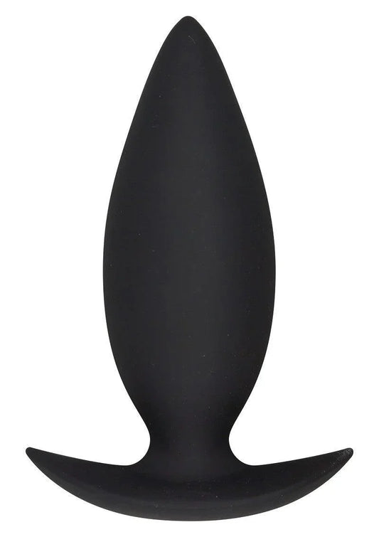 Black silicone anal plug with tapered tip and flared base for safe advanced play