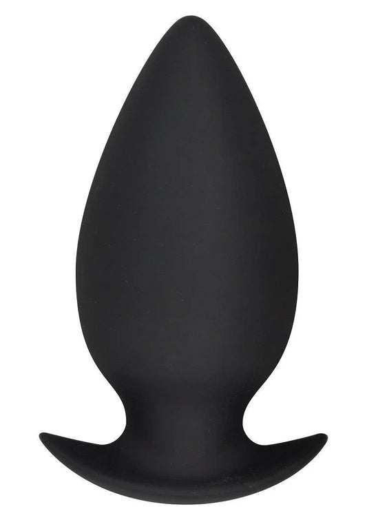 Black silicone anal plug with tapered tip and flared base for easy use