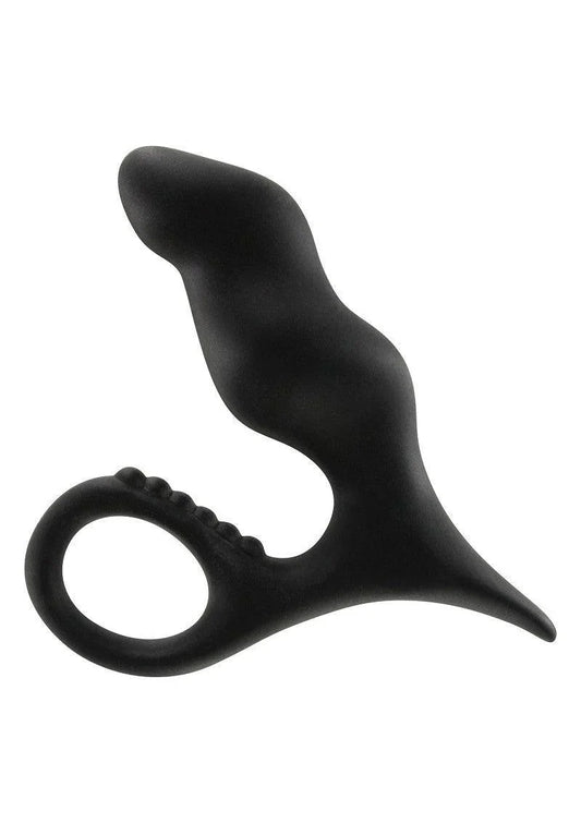 Black silicone anal plug with ergonomic curved shape and finger loop handle