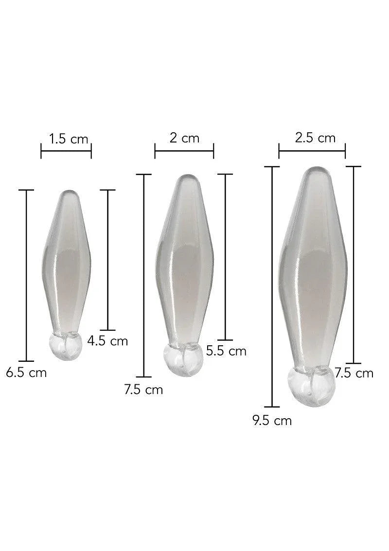 Set of three transparent silicone anal finger rimmers in small, medium, and large sizes with measurements