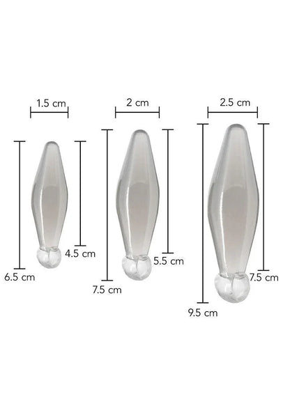 Set of three transparent silicone anal finger rimmers in small, medium, and large sizes with measurements