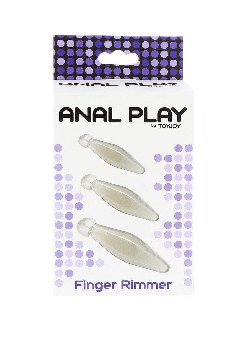 Toyjoy Anal Play Finger Rimmer 3-piece set in white and purple packaging with clear silicone rimmers
