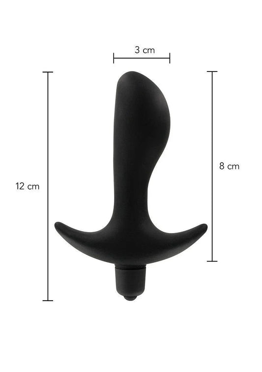 Black silicone anal plug with ergonomic curved design and measurements labeled for size