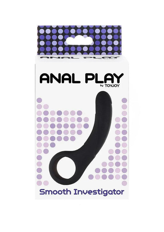 ToyJoy Anal Play Smooth Investigator black silicone anal toy with finger ring on white packaged box