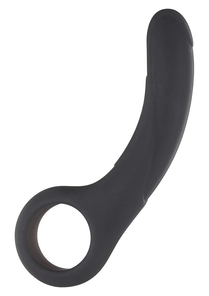 Black silicone anal play toy with a smooth curved design and finger loop handle