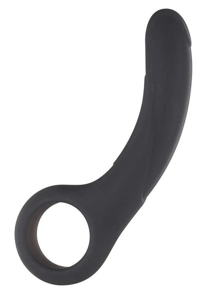Black silicone anal play toy with a smooth curved design and finger loop handle
