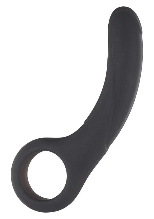 Black silicone anal play toy with a smooth curved design and finger loop handle