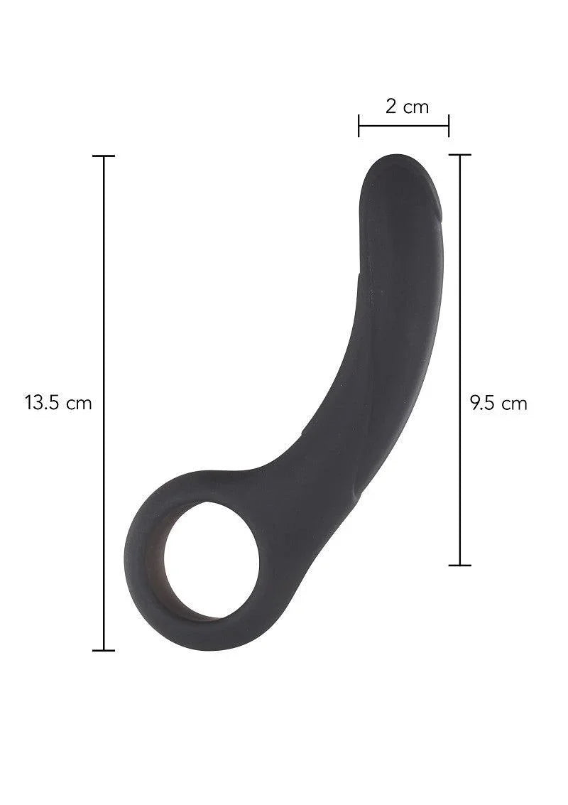 Black silicone anal toy with an ergonomic curved design and measuring markings on white background
