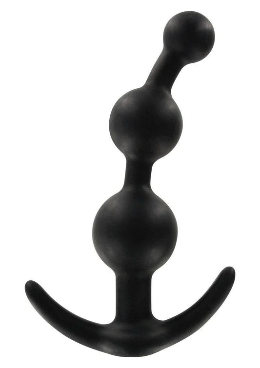 Black silicone anal plug with three graduated beads and a curved handle on white background