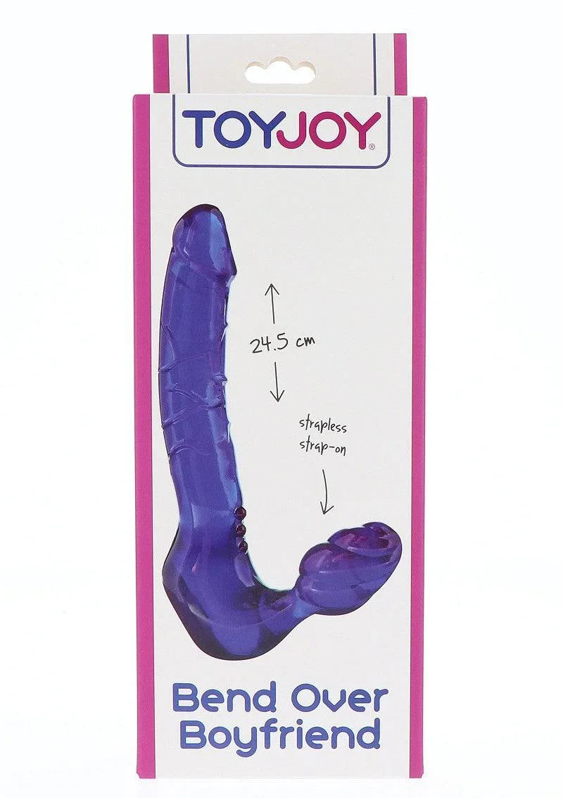 Purple strapless strap-on toy called Bend Over Boyfriend by ToyJoy, 24.5 cm length, packaged