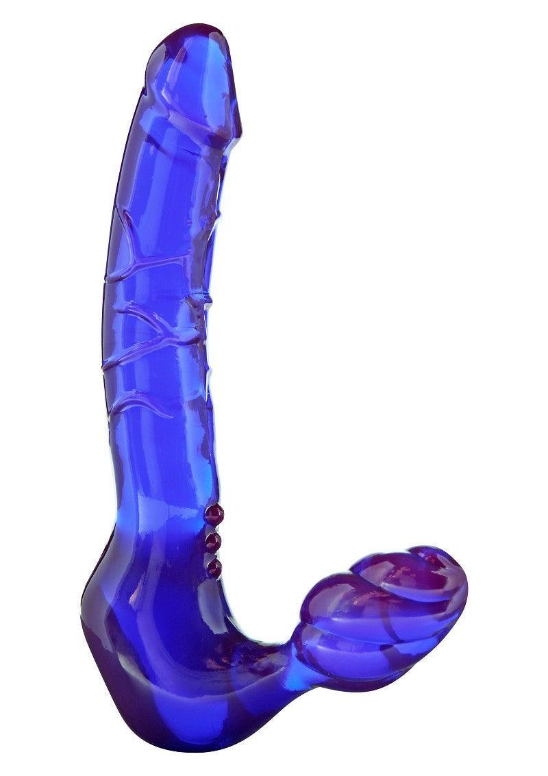 Blue translucent realistic dildo with textured details and a curved base for prostate stimulation
