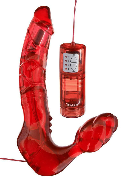 Red translucent bendable vibrator with remote control showing 4 vibration settings from ToyJoy