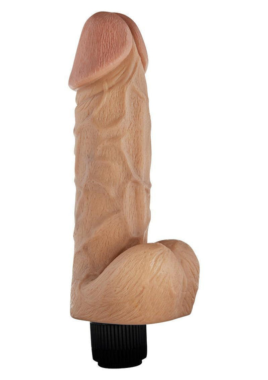 Realistic beige vibrating dildo sex toy with textured veins and black control base on white background