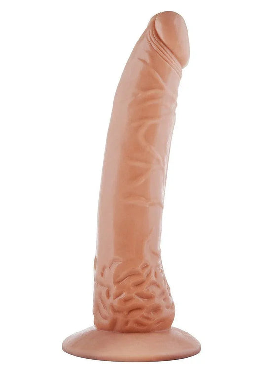 Realistic flesh-toned dildo with textured veins and a suction base on white background