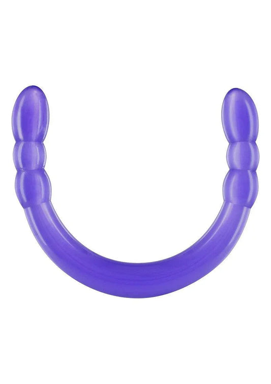 Double-ended purple flexible silicone adult toy with textured bulbous ends