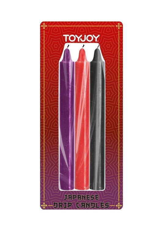 ToyJoy Japanese drip candles set with purple, red, and black candles on decorative red and purple packaging