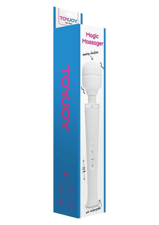 ToyJoy Magic Massager white USB rechargeable vibrator with 32 cm length in blue and white packaging