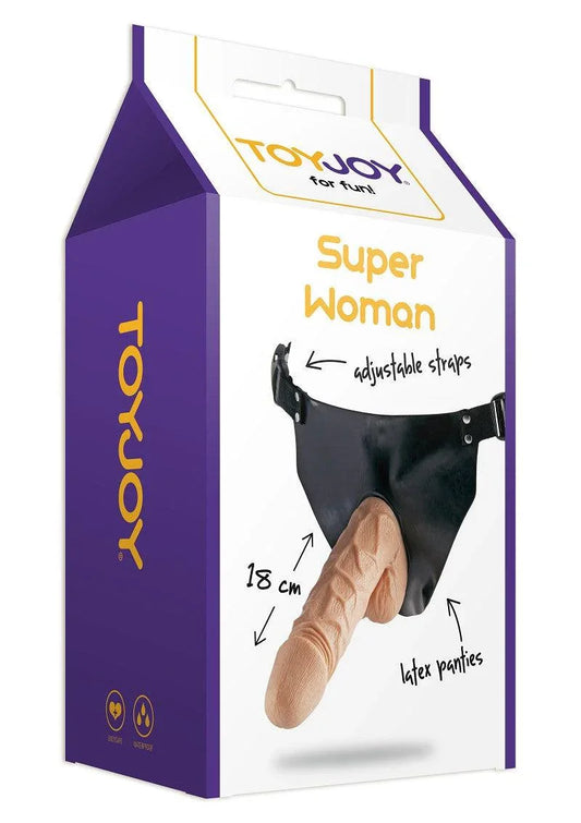 ToyJoy Super Woman strap-on packaging with 18 cm realistic dildo, adjustable straps, and black latex panties