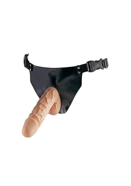 Realistic strap-on dildo with tan color and black adjustable harness on white background