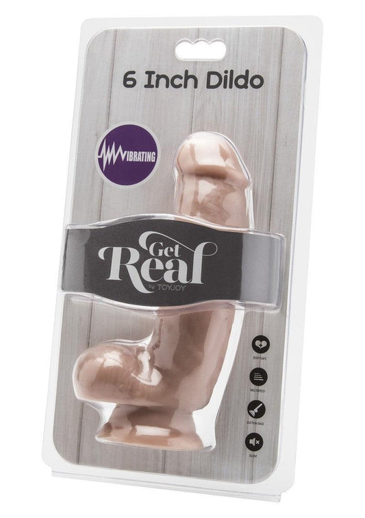 6 inch vibrating dildo with suction base, multispeed, and bodysafe material in clear packaging