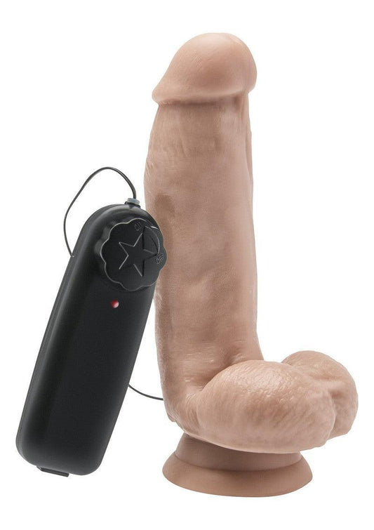 Realistic beige dildo with balls and a suction base, connected to a black wired remote vibrator