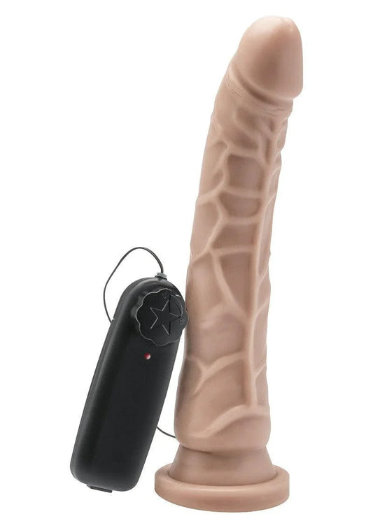 Realistic beige vibrating dildo sex toy with wired black remote control on white background