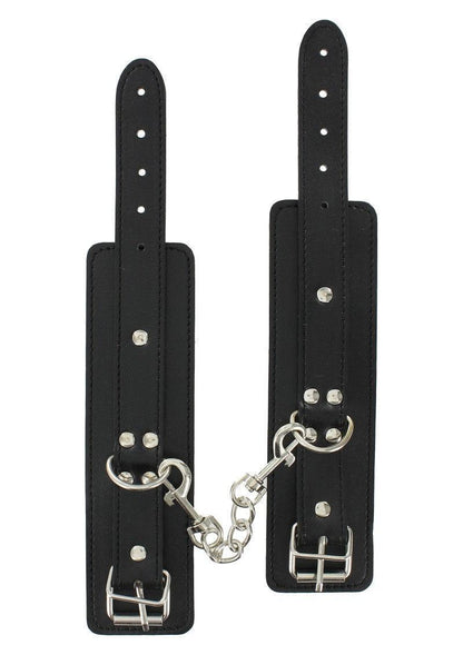 Black adjustable leather bondage wrist cuffs with metal buckles and chain connector