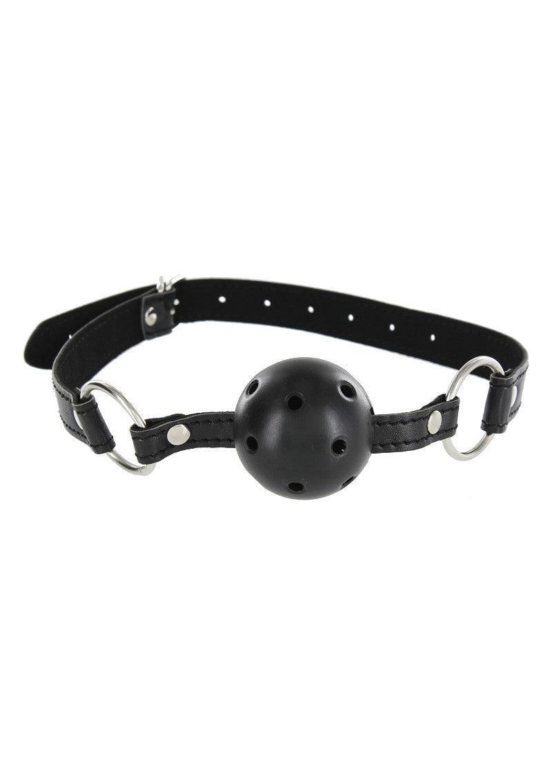 Black leather adjustable ball gag with ventilation holes and metal rings for bondage play