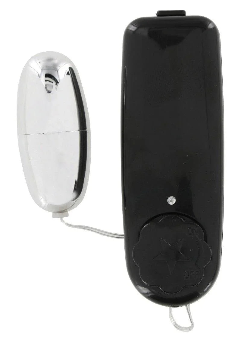 Silver bullet vibrator with black wired remote control featuring an on/off dial and indicator light