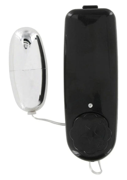 Silver bullet vibrator with black wired remote control featuring an on/off dial and indicator light