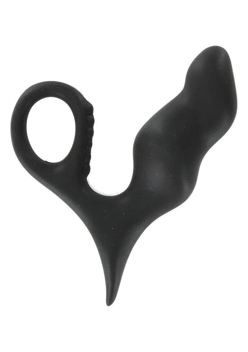 Black silicone prostate massager with a textured ring handle and curved ergonomic design
