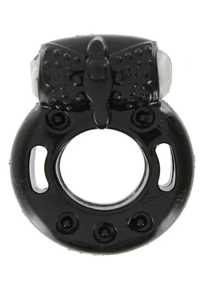 Black textured vibrating cock ring sex toy with adjustable lever and small white bulbs