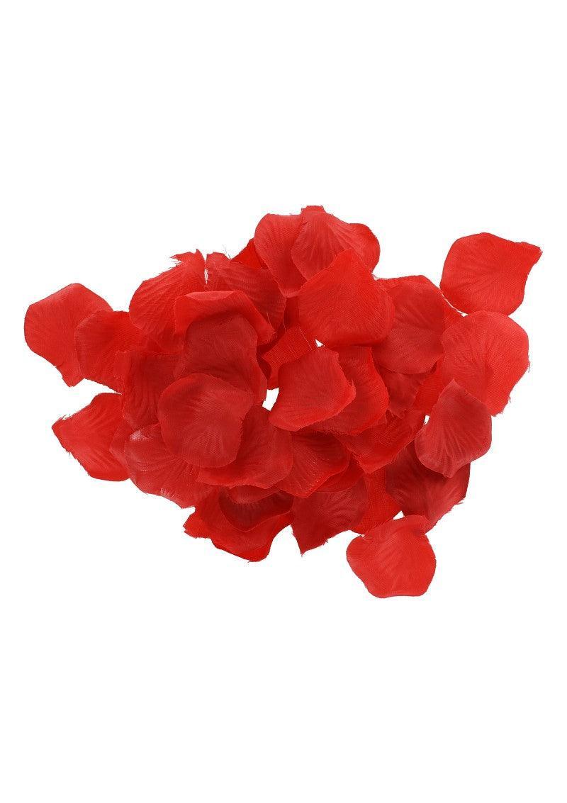 Pile of vibrant red rose petals on white background for romantic decoration