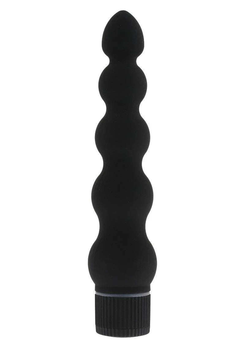 Black textured silicone vibrator with bulbous segments and ribbed base on white background