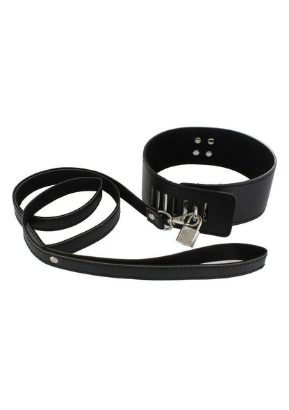 black leather BDSM collar with attached leash and small silver padlock on white background