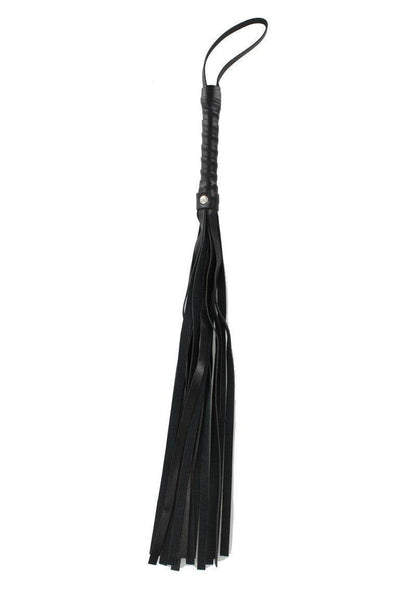 black leather BDSM flogger whip with wrapped handle and wrist loop on white background
