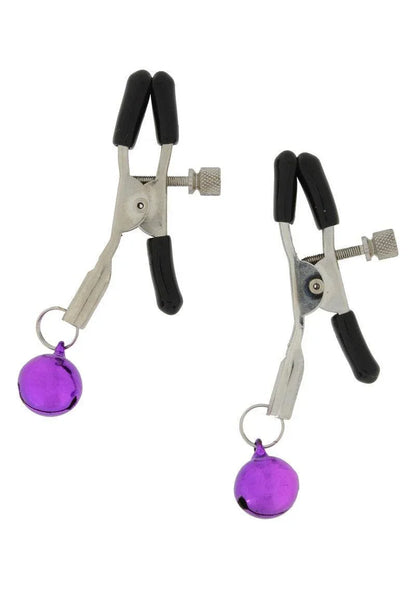 Adjustable metal BDSM nipple clamps with black rubber tips and purple bells