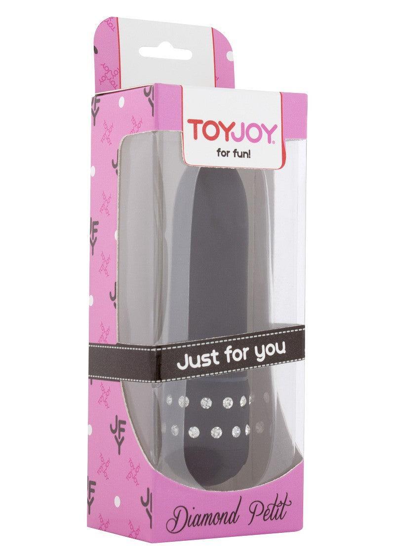 ToyJoy Diamond Petit black vibrator with crystal accents in pink and white packaging labeled Just for you