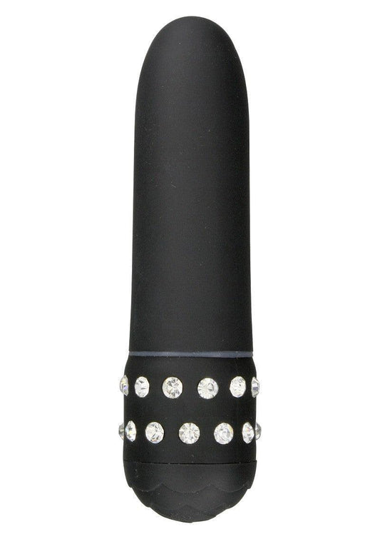 Black petite vibrator with diamond-like rhinestones band near the base, silicone texture sex toy