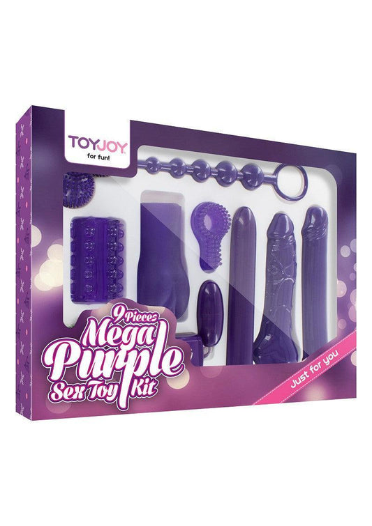 ToyJoy Mega Purple Sex Toy Kit with 9 assorted purple sex toys in display packaging
