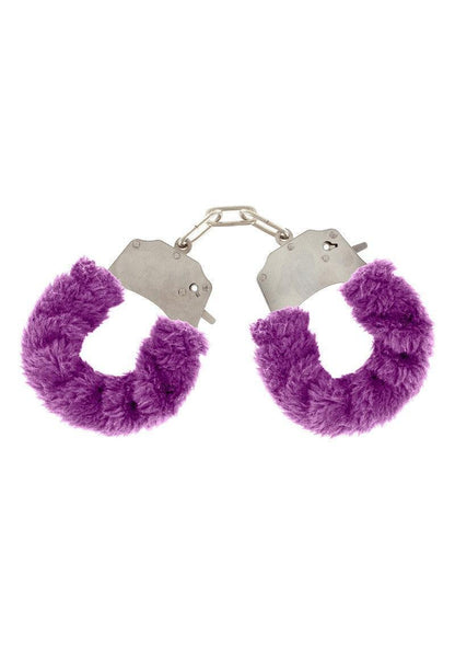 Metal handcuffs covered with soft purple furry fabric for couples' adult play
