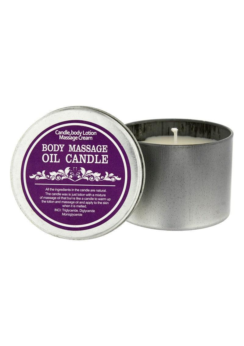 Body massage oil candle in a silver tin with purple label, used as lotion and massage cream