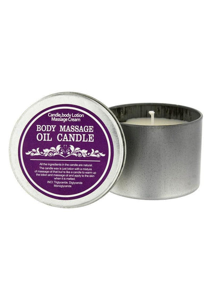 Body massage oil candle in a silver tin with purple label, used as lotion and massage cream