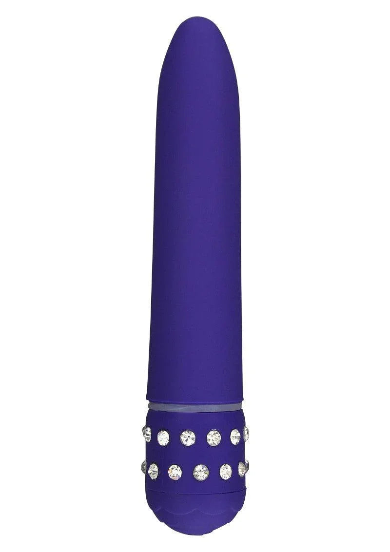 Purple silicone vibrator with rhinestone embellishments on the base, isolated on white background