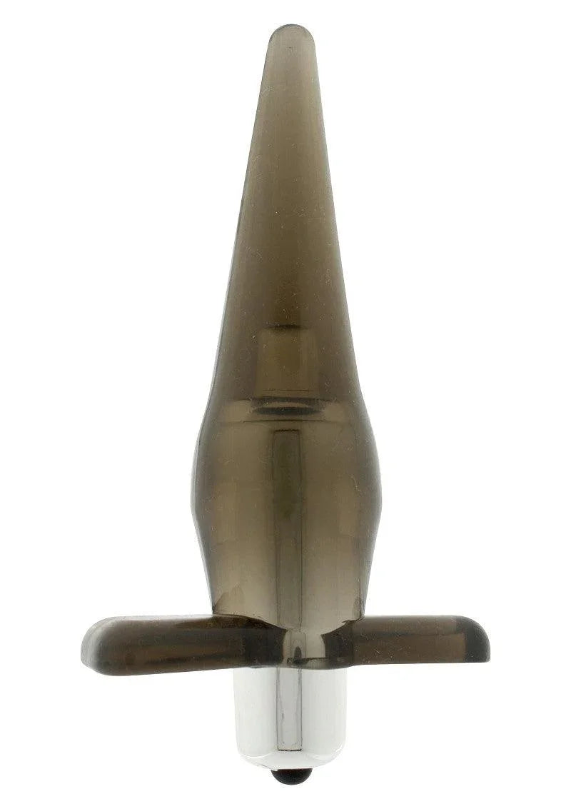 Transparent brown tapered vibrating anal plug with a base and bullet vibrator