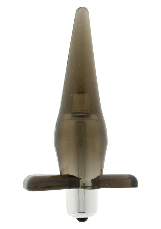 Transparent brown tapered vibrating anal plug with a base and bullet vibrator